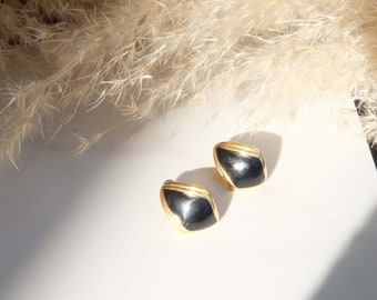 Vintage Gold Tone Black Enamel Shield Earrings | THE MOD COLLECTION