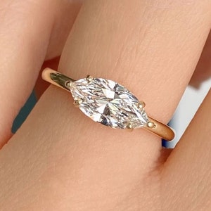 10*5 MM Marquise Cut East West Ring 14K Yellow Gold Solitaire Moissanite Ring For Woman Engagement Ring For Her Promise Ring Wedding Ring