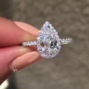 14K White Gold Moissanite Engagement Ring, Pear Cut Halo Wedding Ring, Round Anniversary Ring, Anniversary Gift, Promise Ring For Her