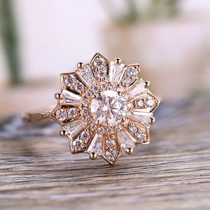 1.5 TCW Round Cut Moissanite Engagement Ring 14K Rose Gold Art Deco Anniversary Ring Anniversary Promise Gift Tapered Baguette Wedding Ring