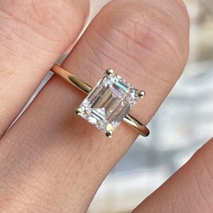 14K Yellow Gold Solitaire Wedding Ring, 2.5 CT Emerald Cut Moissanite Engagement Ring, Emerald Anniversary Ring, Promise Gift Ring For Her
