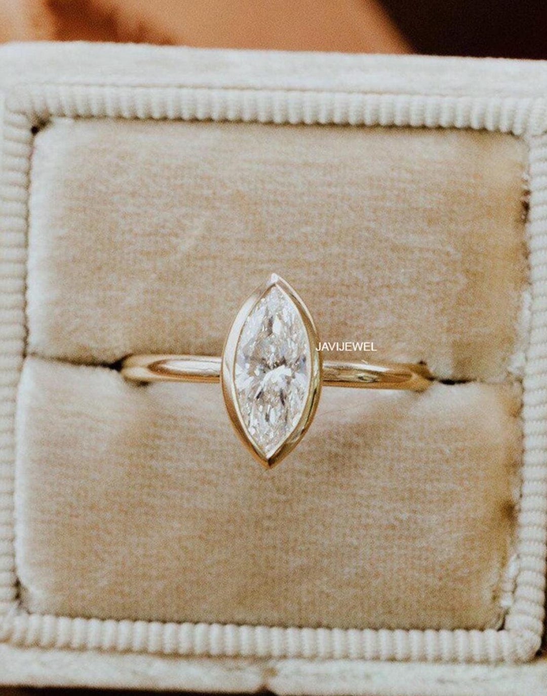 Marquise Cut Lab Grown Diamond Engagement Bezel Set Ring 14K Solid Gold ...