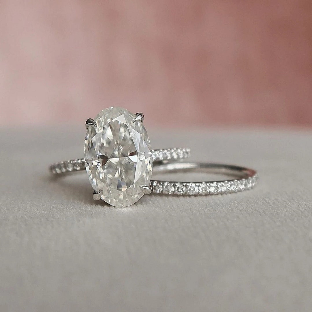 3 CT Oval Cut Moissanite Engagement Ring Set 14K White Gold Anniversary ...