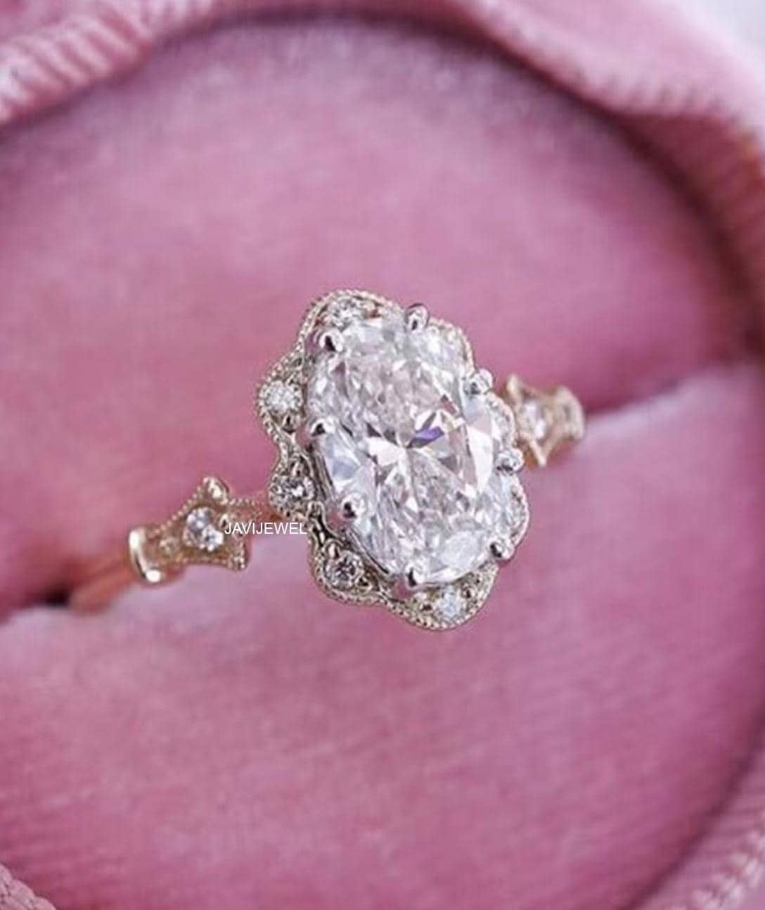 Art Deco Oval Moissanite Engagement Ring 14K Yellow Gold Anniversary ...