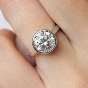 2.05 CT Round Moissanite Engagement Ring, 14K White Gold Solitaire Anniversary Ring, Round Bezel Wedding Ring, Anniversary Promise Gift
