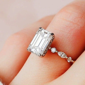 14K White Gold Diamond Ring, 2.55 CT Emerald Cut Moissanite Engagement Ring, Marquise Cut Anniversary Ring, Promise Ring, Round Wedding Ring