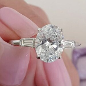2 CT Oval Cut Moissanite Wedding Ring/ 14K White Gold Three Stone Engagement Ring/ Oval Anniversary Ring For Wife/ Promise Gift Ring For Her