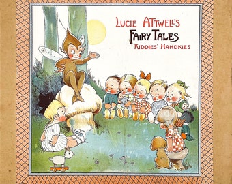 Circa 1925 Pañuelos para niños de cuentos de hadas de Lucie Attwell, encantador conjunto de 8 pañuelos de algodón impresos con brillantes ilustraciones de cuentos de hadas