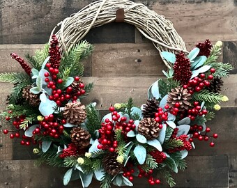Farmhouse Christmas Wreath: Red Berries, Lambs Ear, Pine, Grapevine Base