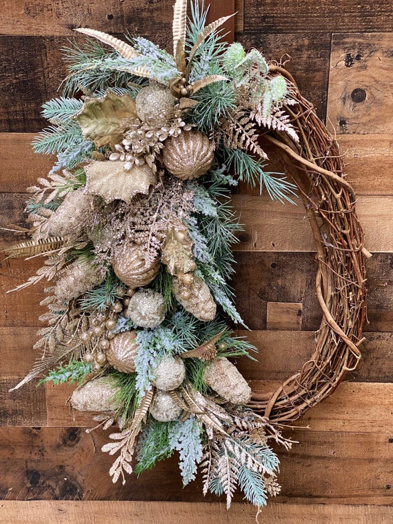 Champagne Christmas Wreath: Metallic Pinecones, Glitter Ferns, Grapevine Base