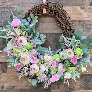 Spring Floral Wreath: Pink Ranunculus, Lisianthus, and Eucalyptus