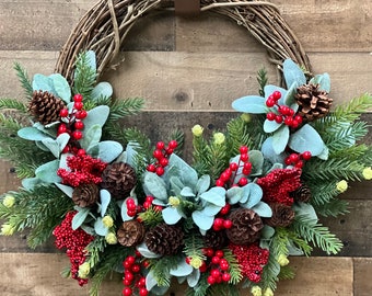 Lambs Ear & Pine Christmas Wreath: Red Berry Holiday Decor