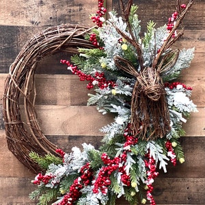 Holiday Wreath with Grapevine Deer head with Snowy Pine and Frosted Red Berries ,Christmas Pine and Berry Wreath ,Front Door Holiday Wreath