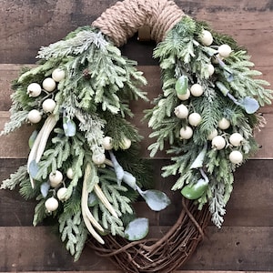 Artificial Deer Antler wreath with Faux  Cream Berries and Pine , Winter Wreath , Christmas Wreath, Neutral Christmas  Wreath