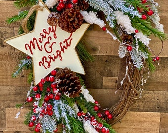 Farmhouse Christmas Wreath: Pine, Berries, Star Sign, Grapevine Base