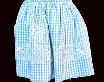 Half Apron in Blue and White Checked Cotton - Hand Embroidery  Decoration - Free Shipping