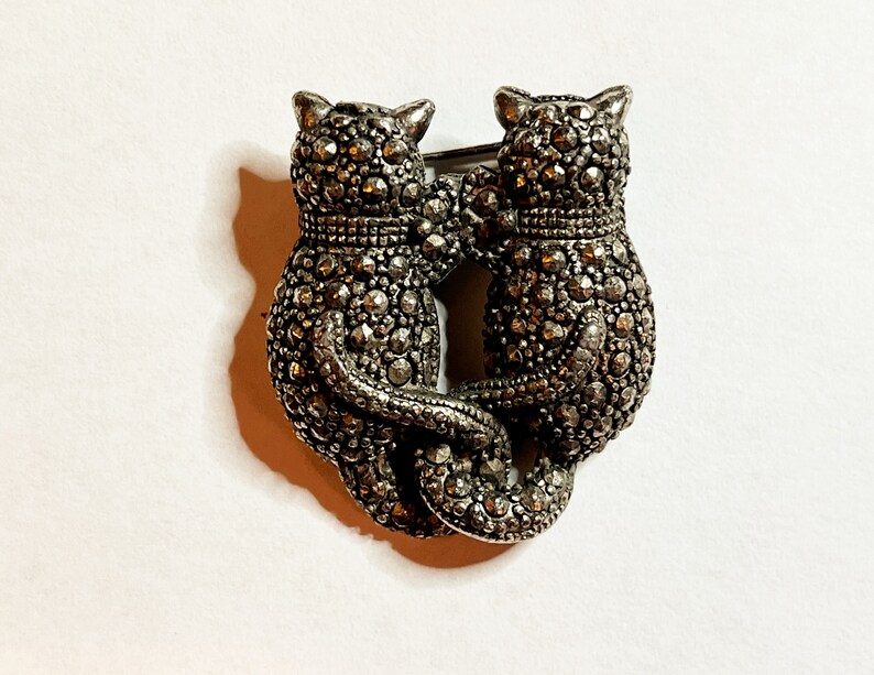 Marcasite Cats Brooch Backs Turned Tails Entwined Etsy