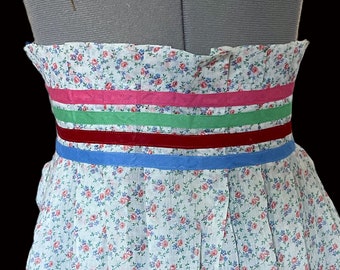 Half Apron - Light Cotton - Floral Pattern - Blue, Red, Green and Pink Trim at waist and Hem - Free Shipping