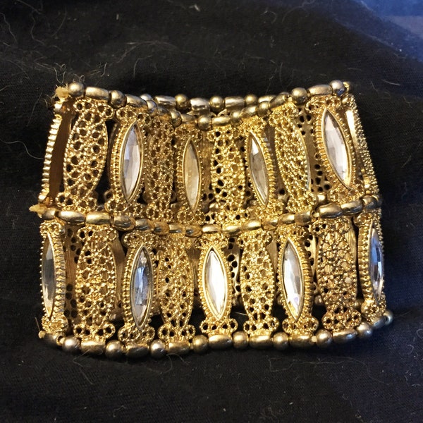 Elastic Bracelet - Gold Tone Filigree Beads and Faceted Rhinestone Beads - Free Shipping