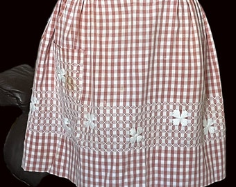 Half Apron - Red and White Check - Hand Embroidery on Waist, Pocket nd Hem - Free Shipping