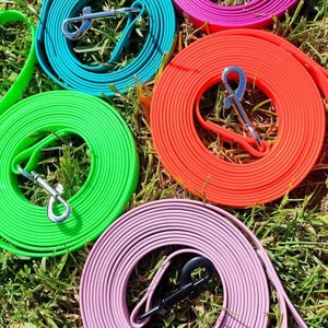 Può includere: Cinque guinzagli per cani colorati con moschettoni in metallo. I guinzagli sono arrotolati e disposti in cerchio su un letto di erba verde. I guinzagli sono rosa, arancio, verde, blu e viola.
