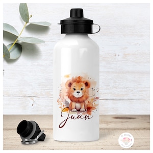 Bidón térmico, botella de agua térmica de acero inoxidable personalizada con nombre infantil para niños y bebés de dibujos de animales.