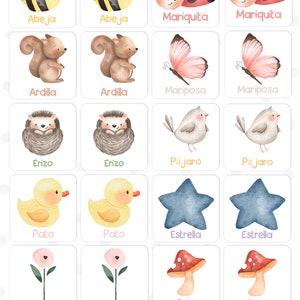 Juego infantil de fichas y ejercitar Memoria para niños de animales adorables y dulces. Temática Jardin. Memory Cards. Cartas de madera