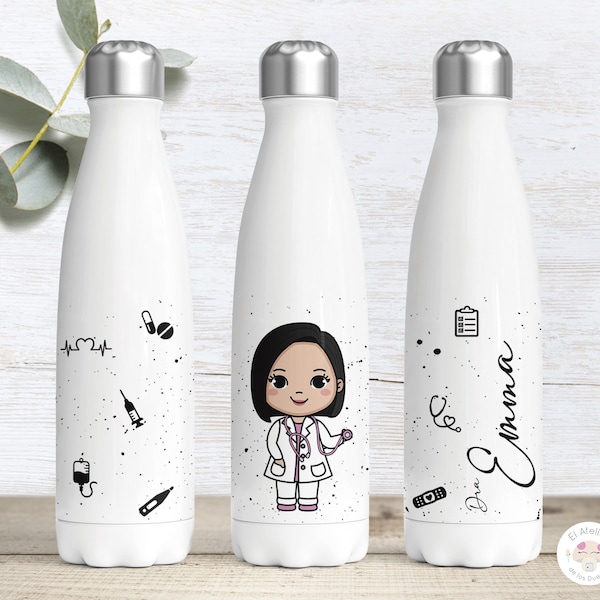 Bidón térmico, botella de agua térmica de acero inoxidable personalizada con nombre para regalar a las Doctoras, Médicas y enfermeras.