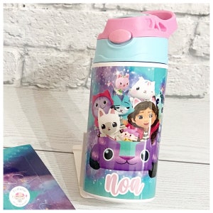 Cantimplora infantil La casa de muñecas de Gabby y sus gatos, de acero inoxidable térmica. Botella de agua infantil personalizada.