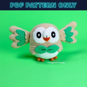 May include: A crocheted owl amigurumi toy with brown, white, and green yarn. The owl has large, round eyes, a small orange beak, and a green bow tie. The toy is standing on a green background.