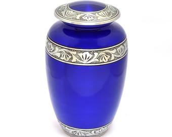 Blue Cremation Urn for Ashes – Silver Floral Engraved Funeral Urn – Handcrafted Metal Keepsake Urn for Adult Human Ashes