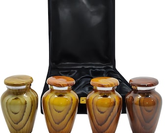 Set of 4 Wood-Style Keepsake Urns for Human Ashes – Handcrafted Metal Urns with Glossy Finish