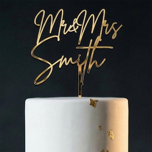 Personalized Mr & Mrs Wedding Anniversary Cake Topper , Acrylic or Wood, Custom with Couples Name, Elegant Script for Modern Cake Decor