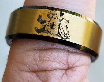 Winnie the Pooh Wedding Band, Christopher Robin Ring, BFF Disney Wedding Ring, Disney Jewelry, Hundreds Acre Wood Ring, Hunny Engraved Ring