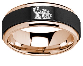 Lady and The Tramp Engraved Wedding Band, Unique Disney Wedding Ring, Rare Disney Wedding Ring, Disney Castle Jewelry, Disney Gift for Him