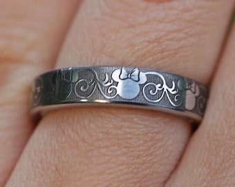 Disney Filigree Baroque Wedding Band, Mickey Minnie Engagement Ring, Disney Wedding Ring, Etched Carved Disney Gift Jewelry, Super Detailed