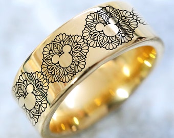 Anillo floral de Mickey Mouse, alianza de Disney, anillo de compromiso de Disney, anillo de Minnie Mouse, anillo de propuesta de Disney, joyería de filigrana de Disney