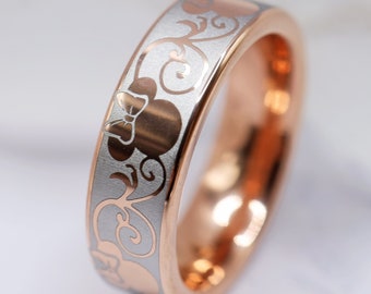 Roséguld 6 mm Disney filigran barock vigselring, Musse och Mimmi förlovningsring, Disney volfram vigselring, Mimmi Pigg ring