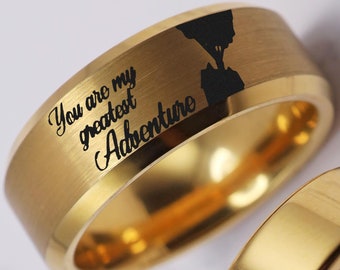 Up Movie Balloon House Ring, Engraved Disney WeddingRing, Greatest Adventure House Ring, Promise Ring, Beveled Edge Tungsten Ring