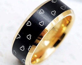 Disney Mickey and Minnie Outlined Polka Dot Heads Pattern Outline Ring, Disney Wedding Ring Mickey Mouse Ring, Minnie Mouse Ring