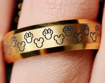 Anillo con diseño de cabezas de Mickey y Minnie de Disney, anillo de bodas de Disney, anillo de Mickey Mouse, anillo de Minnie Mouse, anillo de promesa de Disney