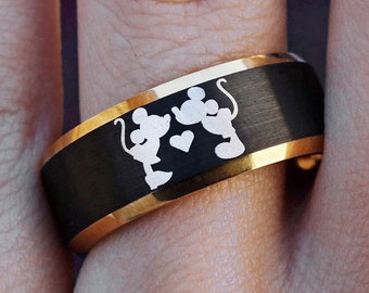 Disney Mickey and Minnie Kissing Heart Ring, Disney Wedding Ring Mickey Mouse Ring, Minnie Mouse Ring, Disney Promise Ring, Couples Ring