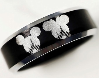 Engraved Mickey and Minnie Castle Heads Ring, Disney Wedding Ring Mickey Mouse Ring, Minnie Mouse Ring, Disney Promise Ring