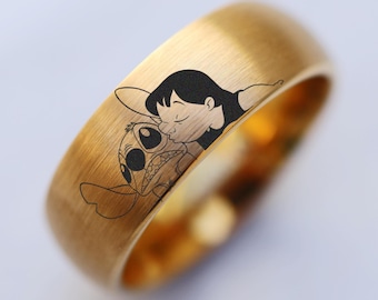 Disney Lilo and Stitch Kiss Anniversary Wedding Ring, Lilo Stitch Wedding Band Head Ring, Disney Promise Ring, Disney Proposal Ring