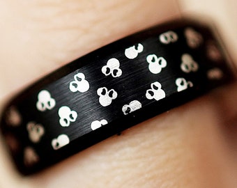 Disney Mickey and Minnie Bow Polka Dot Heads Pattern Outline Ring, Disney Wedding Ring Mickey Mouse Ring, Minnie Mouse Ring