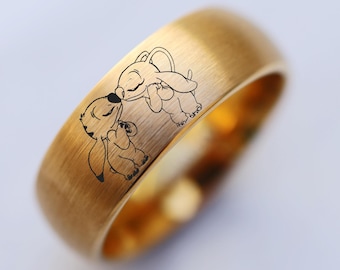 Disney Lilo and Angel Kiss Anniversary Wedding Ring, Lilo and Stitch Wedding Band Head Ring, Disney Promise Ring, Disney Proposal Ring