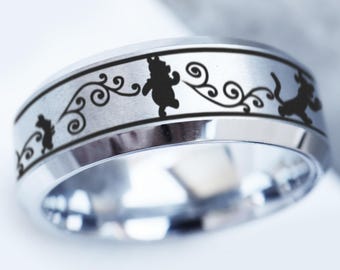Winnie the Pooh Wedding Band, Winnie the Pooh Piglet Engagement Silver Ring, Disney Wedding Ring for Men and Women, Disney Gift Jewelry 8mm