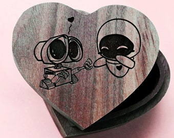 Walle Eve Wedding Ring Box, Disneyland Jewelry Box, Wall-e and Eve Engraved Wood Box, Disney Proposal Box Disney Engagement Box