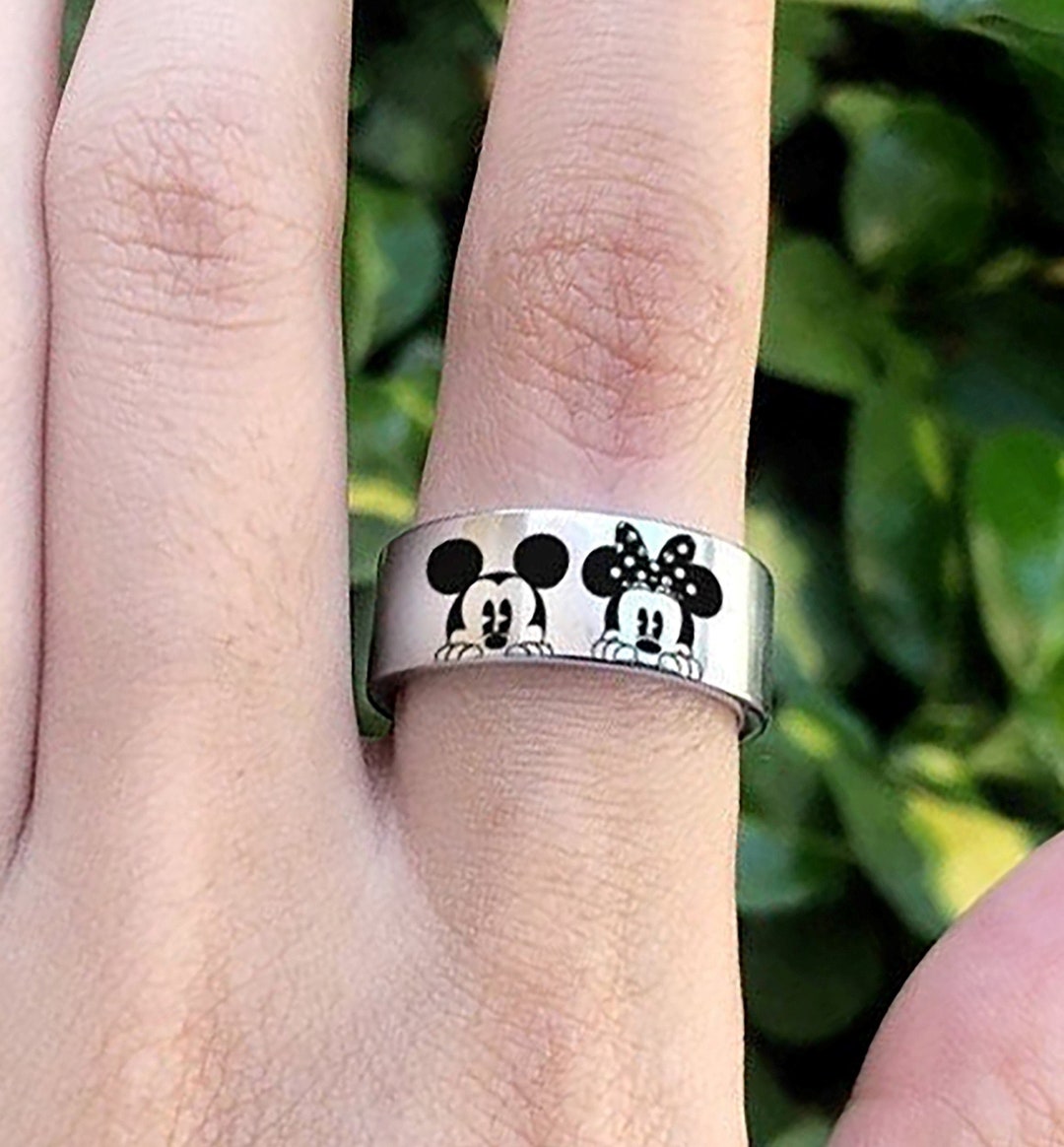 Mickey & Minnie Mouse Peeking Ring, Disney Ring Wedding Band, Disney
