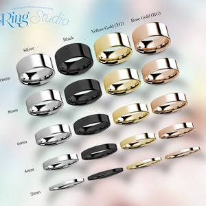 Op de afbeelding: Een selectie van trouwringen in verschillende breedtes en metalen, waaronder zilver, zwart, geelgoud en ros&eacute;goud. De ringen worden getoond in maten van 2 mm tot 10 mm.